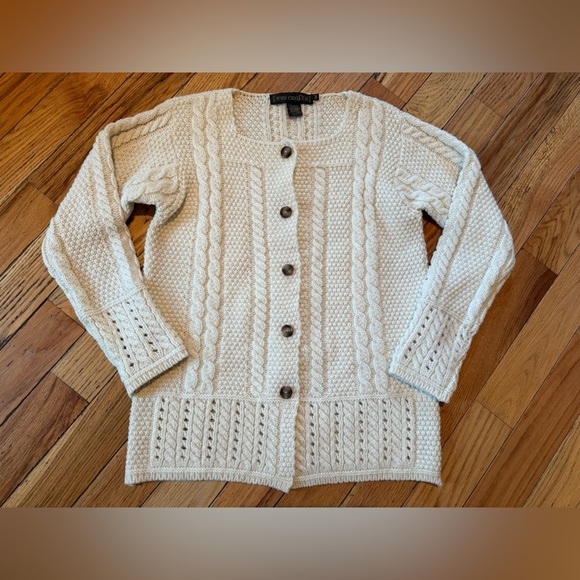 Inis Crafts 100% Wool Cardigan Sweater Cable Knit Square Neck Ivory Womens Sz M - Picture 6 of 15